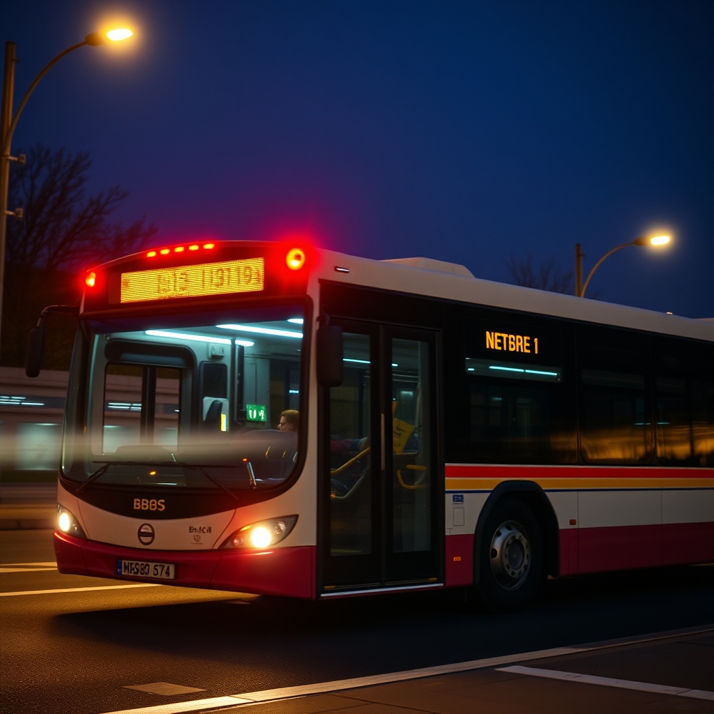 Bus dengan lampu strobo di jalan malam