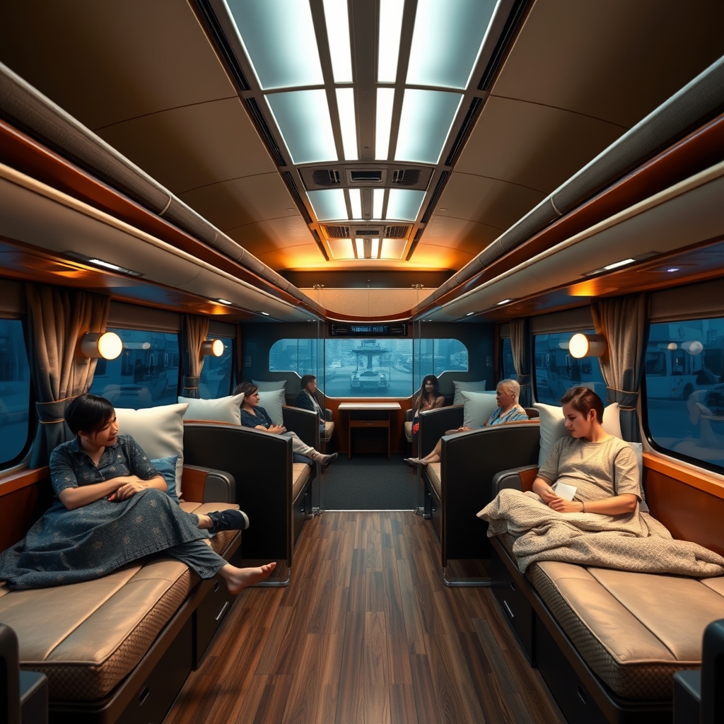 Interior sleeper bus Laksana Suites Class dengan private pod bertingkat