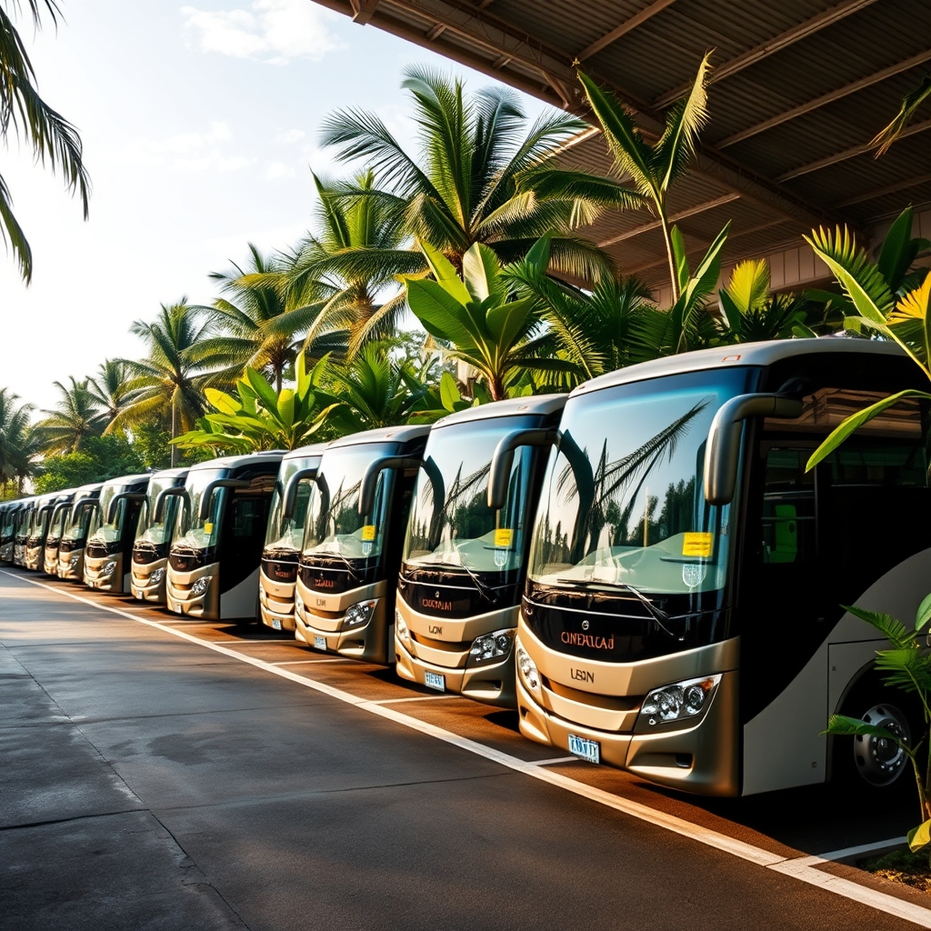 Armada bus premium dengan sasis tronton di garasi tropis