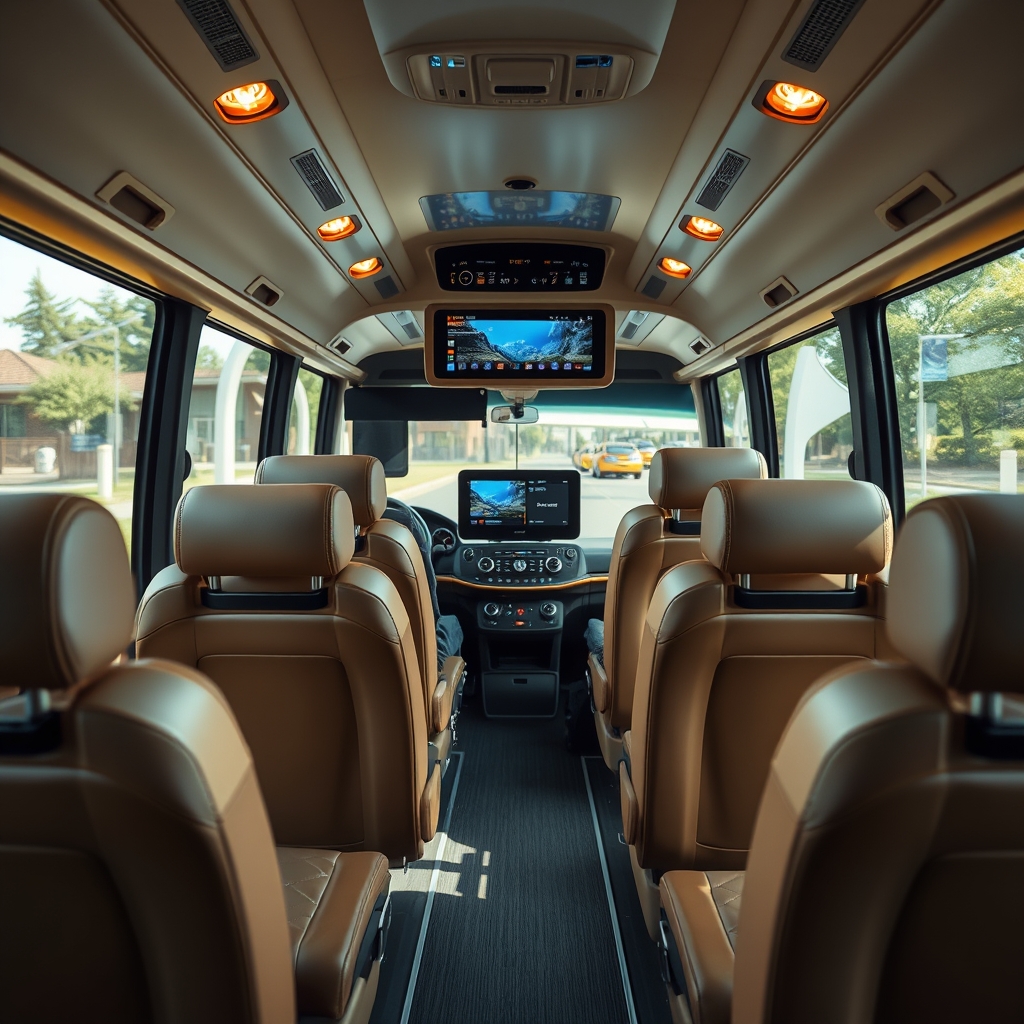 Interior bus Super Executive dengan kursi kulit dan sistem hiburan